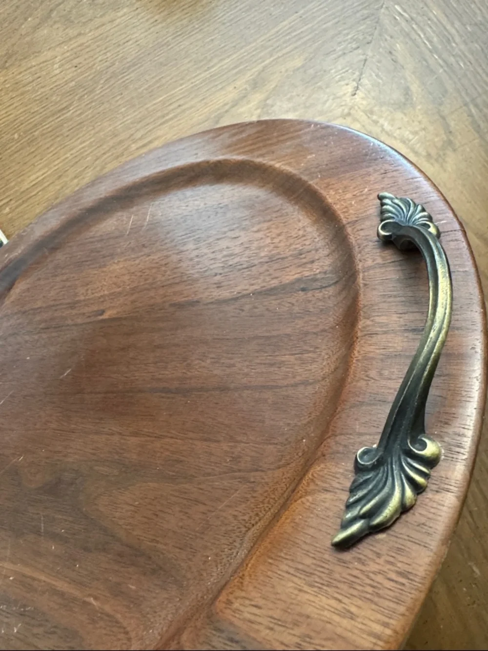 Ozark Walnutware Solid Walnut Round Wood Serving Tray Brass Leaf Handles Vintage
